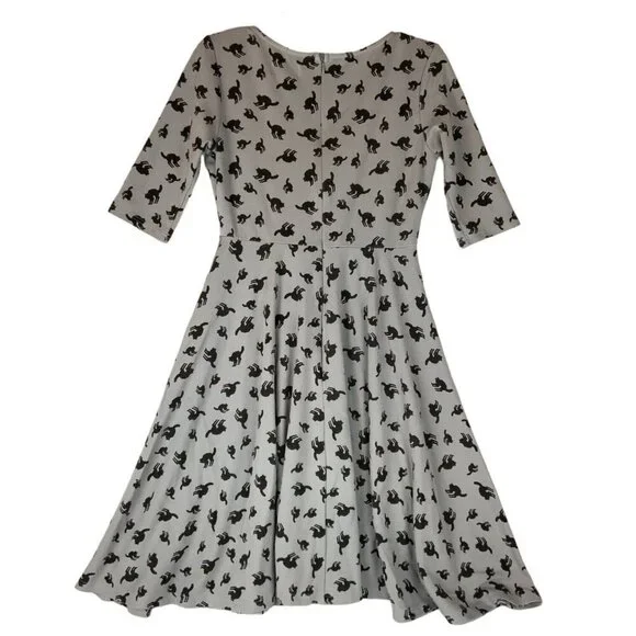 Unique Vintage Black Cat Knit Dress Medium 6-8 Gray Black Fit Flare Halloween - Picture 2 of 4